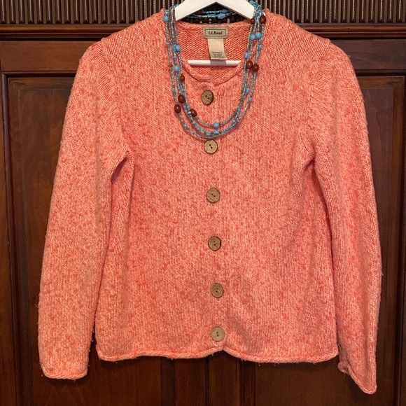 LL Bean 100% cotton  Coral Button-Up Cardigan wooden buttons slubby cotton knit - Picture 1 of 15